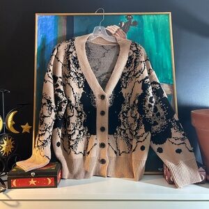 Chic Tan and Black Floral Cardigan Small